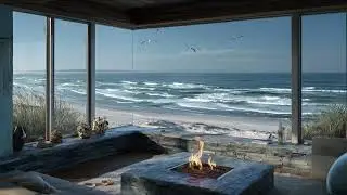 Oceanfront Retreat 🌊 Coastal Fireplace Ambience with Waves & Seagulls | 9 Hours (4K)