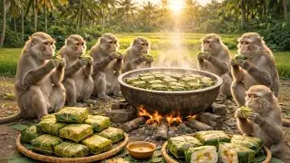 Monkeys Cooking Traditional Rice Cakes in the Countryside