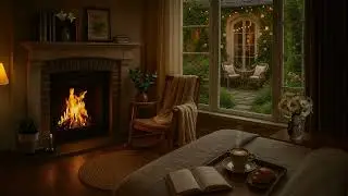 Cozy Bedroom Fireplace Ambience | Calm Crackling Fire & Peaceful Backyard Views (No Music)