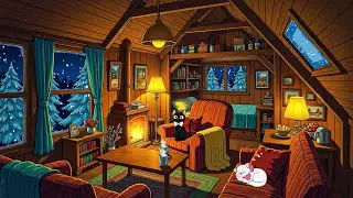 Oldies Playing in Another Room in a 1950s Silent Snowy Night with Crackling Fireplace