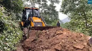 Leveling Narrow Road Through Dense Mountain Forest with JCB Backhoe