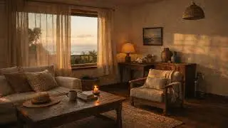 Cozy Coastal Living Room at Golden Hour | Ambient Background (No Music)