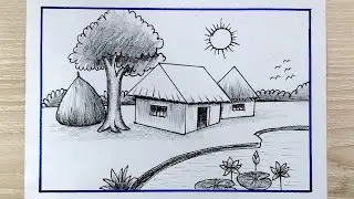 Sunrise Village Scenery with Pencil Sketch | Landscape Drawing with Pencil Sketch 