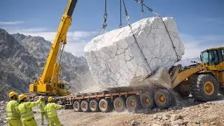 Wheel Loaders Loading Huge Icy Marble Blocks at Mountain | Incredible Process