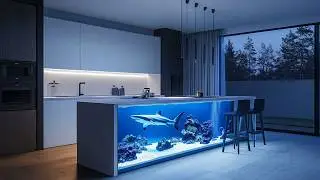Shark Aquarium Kitchen Island | Ultra-Realistic Modern Design with Stunning Blue & White Aesthetics