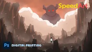 Digital Painting : A man facing a giant horned demon in a valley