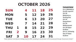 October Calendar 2026