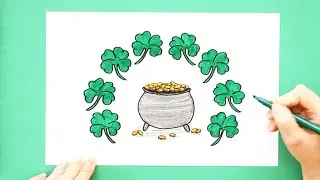 How to draw St. Patrick's Day Poster - Pot of Gold and 4 Leaf Clover