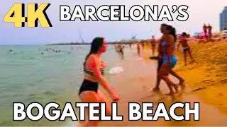 Walking at Bogatell Beach, Barcelona, Spain, 4K