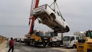 danger work sany mobile crane lifting one ton nissan car without tire | daily work  virtuallife500