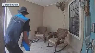 Porch pirate dressed as fake Amazon delivery worker steals package