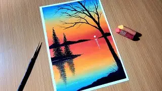 Oil Pastel Sunset Nature Drawing for Beginners / TREE SILHOUETTE / Oil Pastel Scenery Drawing