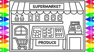 How to Draw a Supermarket Grocery Store for Kids 🍎🍋🥦 Grocery Store Drawing and Coloring for Kids
