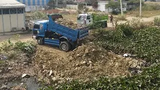 Move On Stone Into Flood Land By Bulldozer And Team Dump Trucks Dumping Process