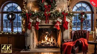 🔥 LIVE Christmas Library Fireplace 24/7 | Crackling Fire & Falling Snow | No Music