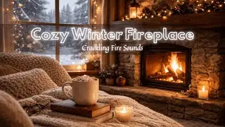Cozy Winter Fireplace Ambience | Relaxing Snowy Scene with Crackling Fire Sounds & Hot Drink, Work