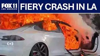 Tesla bursts into flames after crashing in Winnetka | FOX 11 LA