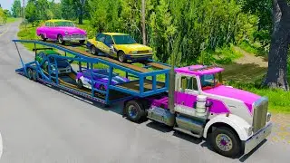 Double Flatbed Trailer Truck vs Speedbumps Train vs Cars | Tractor vs Train Beamng.Drive