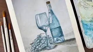 Painting a Wine Bottle with a Wine Glass and Grapes | Watercolor Art