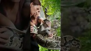 Three women try to help the monkey escape from the python's grip#shorts