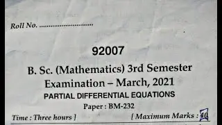 (Mdu) Bsc 3rd Sem Partial Differential Equation || mdu question paper march 2021