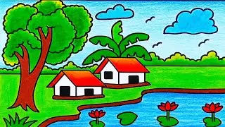 How to Draw Beautiful Village Scenery with House, River, Trees & Mountains | Easy Drawing Tutorial