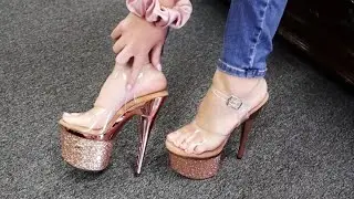 Catie Tries Out Pleaser ESTEEM 708CHLG Rose Gold Plated Chrome 7 Inch High Heel Shoes Walking