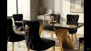 Revello Black & Gold Marble Dining Table with Victoria Gold Lion Knocker Buttoned Back Velvet Chairs