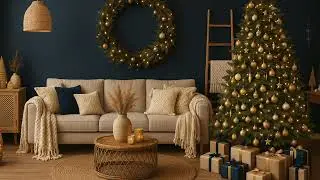 Boho Christmas Ambience ⛄✨ | Navy, Cream & Gold Decor &bull; Cozy Holiday Vibes + Storm Sounds