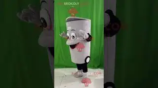Smiling and playful REDBROKOLY mascot in Gray Container Costume with Black Sleeves and Pants