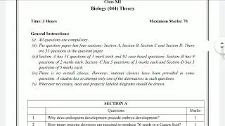 CBSE class 12th biology sample paper 2020-2021