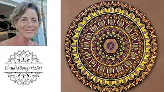 Mandala 50 cm auf Leinwand in Gelb, Gold und Beerent&ouml;nen