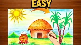 Pongal Village Scenery Drawing with Oil Pastels | Step by step drawing & colouring tutorial 