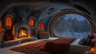 Snowy Night in a Cozy Cave Room ❄️ Relaxing Fireplace & Blizzard Sounds for Sleep