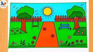 Garden Scenery drawing easy |How to draw Easy Scenery Drawing|Flower Garden Scenery Drawing Tutorial