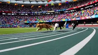 #cat #cute #aiTelevised footage of 3 different colored cats racing the 100m dash at the Olympics