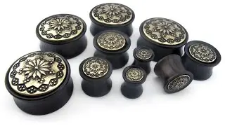 Ebony Wood Plugs With Brass Tribal Blossom Inlay 2G - 1 Inch