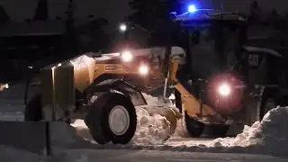 Snow Removal CAT 160M Grader Plowing Deep Snow after 48cm of snow