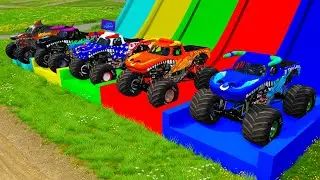 Double Flatbed Trailer Monster Trucks Transport with Slide Color - Cars vs Speed bump - BeamNG #17