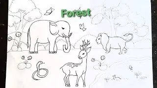 Forest Drawing with Animals easy| How to draw Forest scenery with animals | Wildanimals drawing