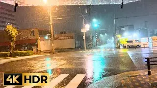 Japan midnight heavy rain walk through tropical storm [ 4K HDR  ambiental ]