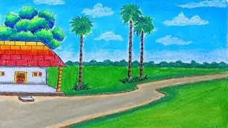 Indian village hut drawing || Easy Indian village scenery drawing