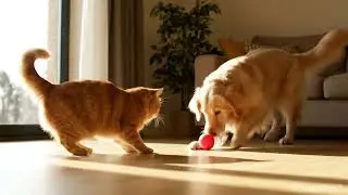 Playful Dog and Cat Chase the Ball with Joy