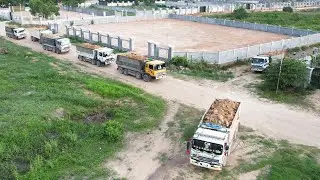 Extremely New Road Build Technology Skills Truck Driver Dumping Rock Bulldozer Pushing Rock
