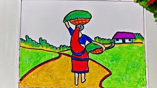 How to draw easy scenery drawing|Village women working scenery drawing | women drawing | village dra