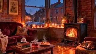 Peaceful snowy 1950s winter morning in a cozy house | Vintage oldies playing in another room