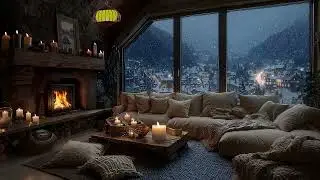 Snowy Glass Window Piano ⛄❄️ Cabin in Winter Forest, Crackling Fireplace & Falling Snow for Sleep