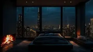 Peaceful Rainy City Sounds at Night with Fireplace Warmth – Indoor Ambience for Stress Relief