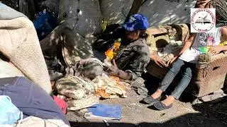 A Young girl Cecile, 6 years old feeding the homeless