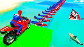 الأبطال الخارقين على القضبان دوامة قمع جسر 🐊🏍️ RAINBOW SPIDER MAN! on Motorcycle in Spiral Bridge